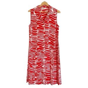 Cabi Brushtroke Pleated Red White Drop Waist Sleeveless Dress size L